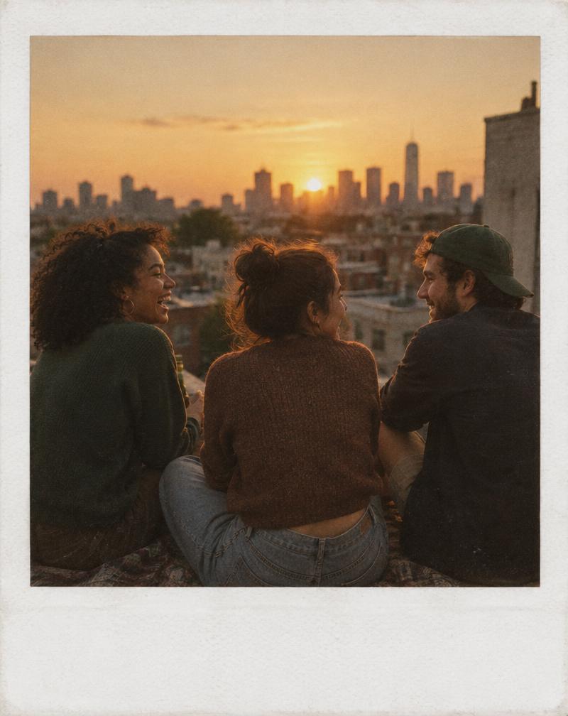 Three friends laughing together on a rooftop at sunset